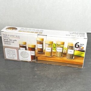 NEW Crofton Spice Jars w/ Bamboo Lid 6 Pack Set 4oz Glass Shaker Top with Labels